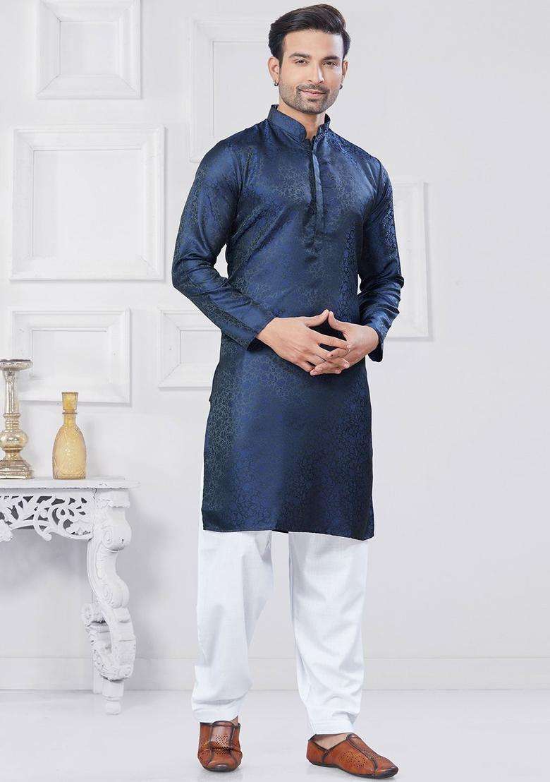 Navy Blue Woven Design Silk Kurta Set For Men - Indya