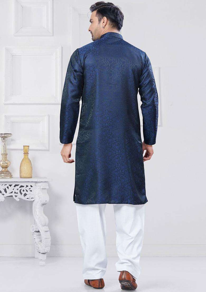 Navy Blue Woven Design Silk Kurta Set For Men - Indya