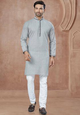 Grey Yoke Design Cotton Kurta Set For Men