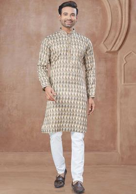 Grey Printed Cotton Kurta Set For Men
