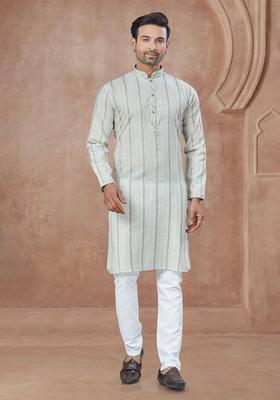 Sea Green Woven Design Cotton Kurta Set For Men