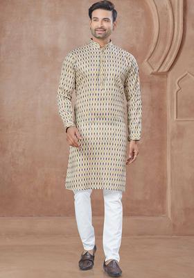 Beige Printed Cotton Kurta Set For Men