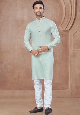 Green Woven Design Cotton Kurta Set For Men