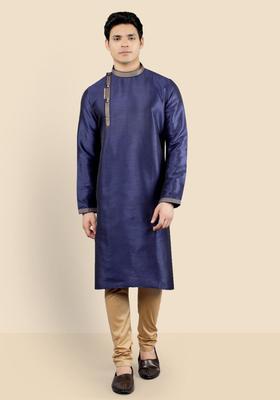 Navy Blue Woven Design Silk Kurta Set For Men