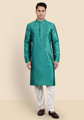 Green Woven Design Silk Kurta Set For Men