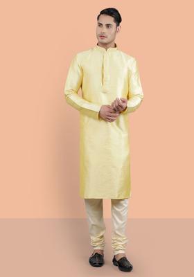 Yellow Woven Design Silk Kurta Set For Men