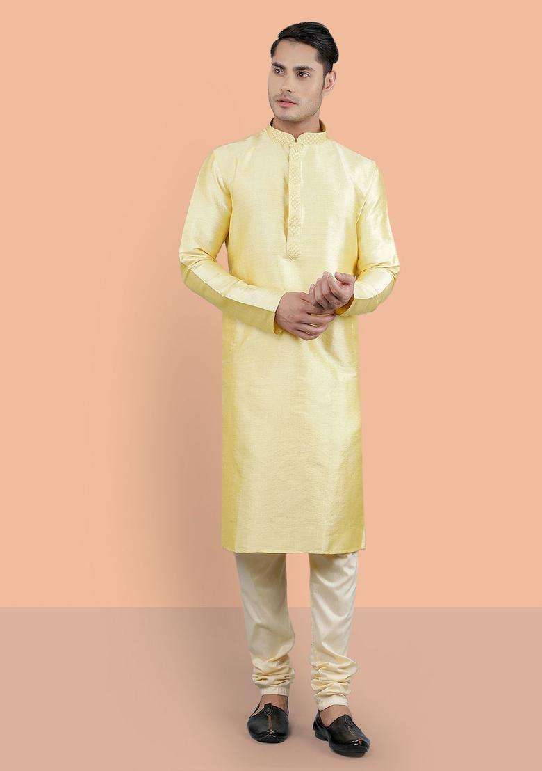 Yellow Woven Design Silk Blend Kurta Set For Men - Indya