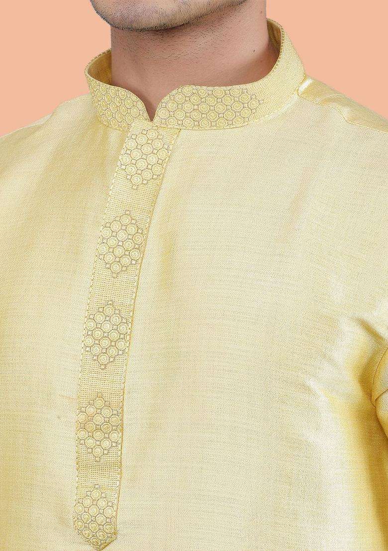 Yellow Woven Design Silk Blend Kurta Set For Men - Indya