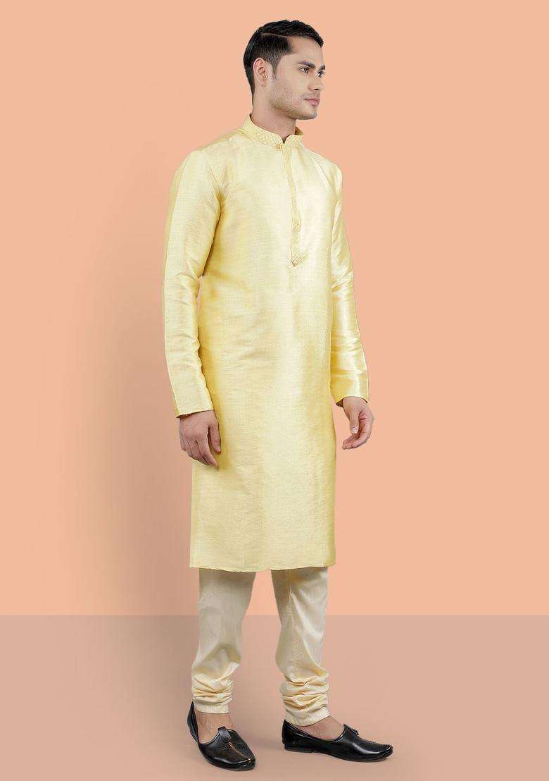 Yellow Woven Design Silk Blend Kurta Set For Men - Indya