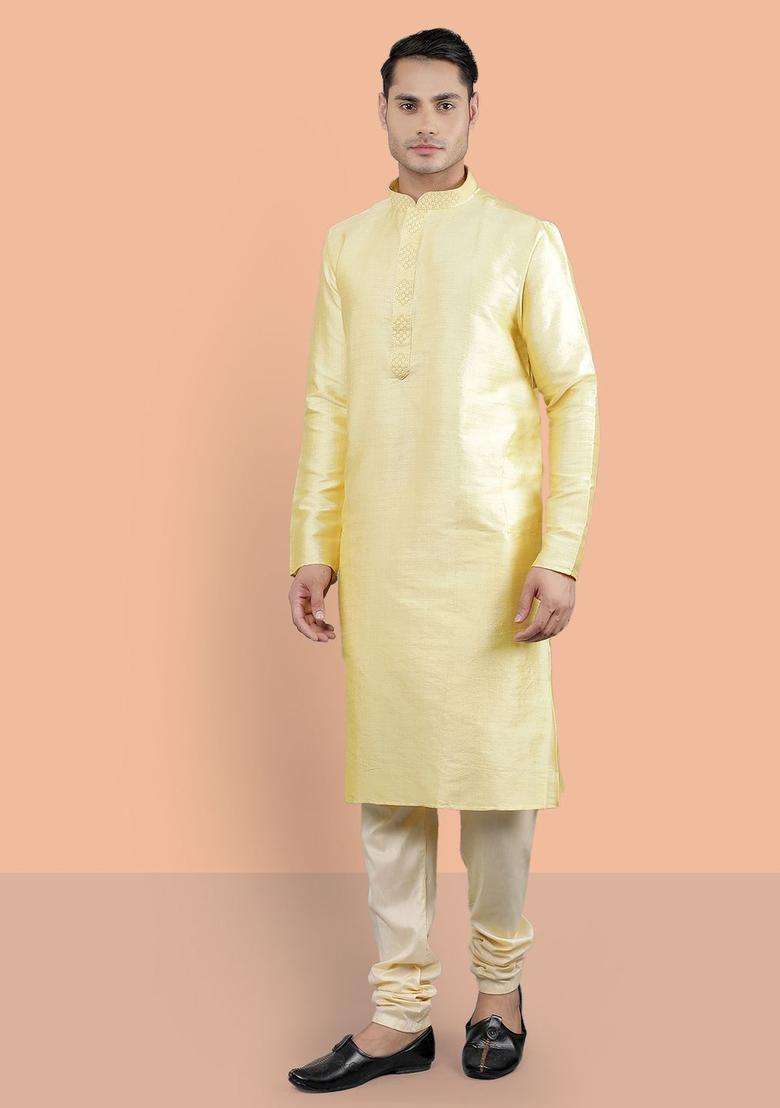 Yellow Woven Design Silk Blend Kurta Set For Men - Indya