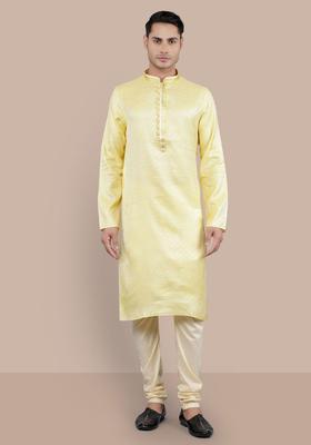 Yellow Embroidered Silk Kurta Set For Men