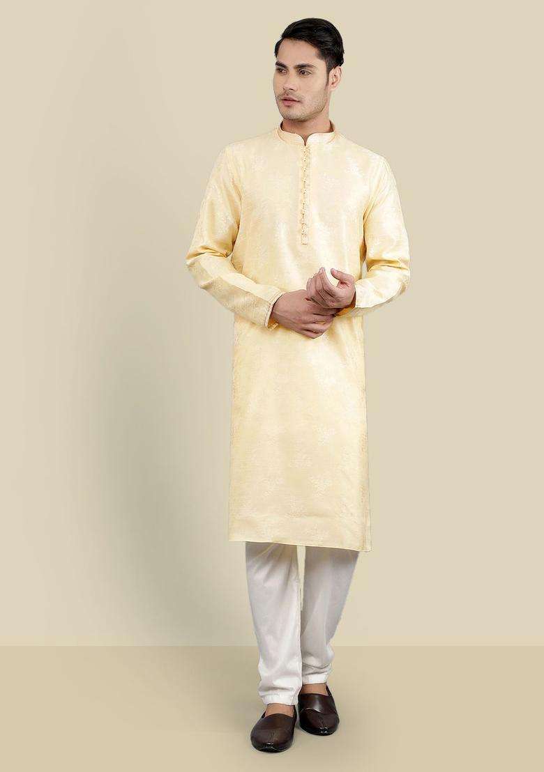 Brown Woven Design Silk Blend Kurta Set For Men - Indya
