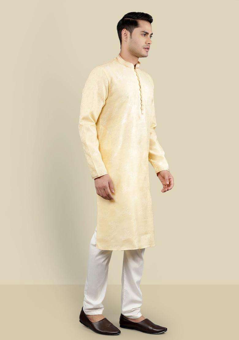 Brown Woven Design Silk Blend Kurta Set For Men - Indya