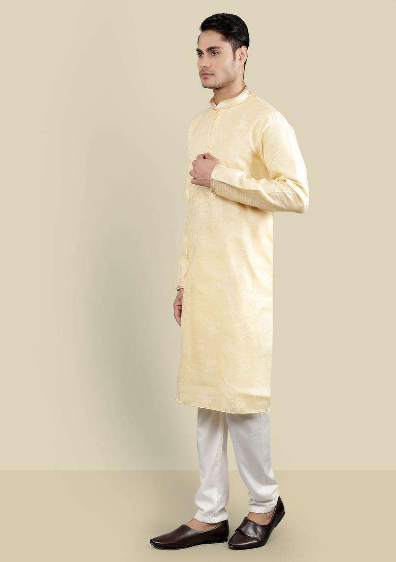 Brown Woven Design Silk Blend Kurta Set For Men - Indya
