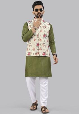 Lime Green Striped Cotton Kurta Set For Men