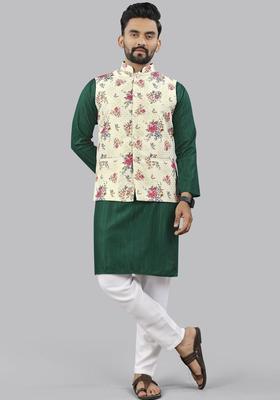 Green Striped Cotton Kurta Set For Men