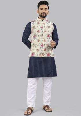 Navy Blue Striped Cotton Kurta Set For Men