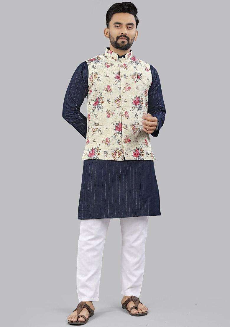 Navy Blue Striped Cotton Kurta Set For Men - Indya