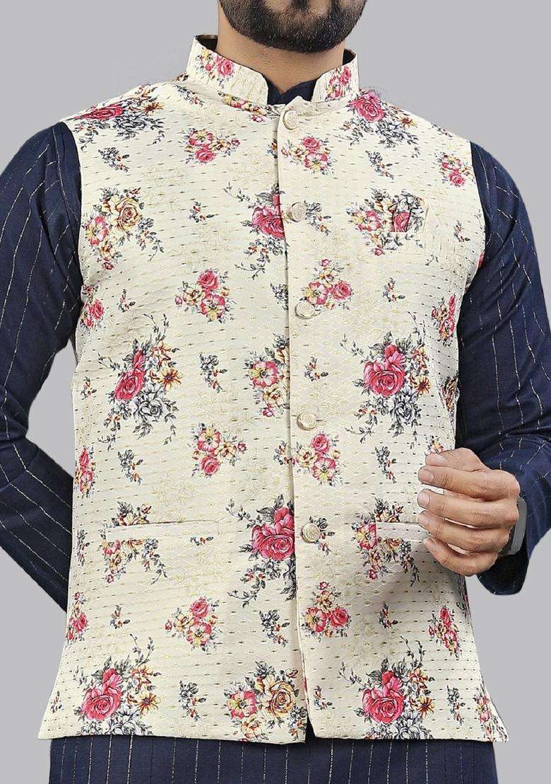 Navy Blue Striped Cotton Kurta Set For Men - Indya