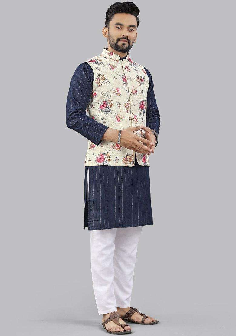 Navy Blue Striped Cotton Kurta Set For Men - Indya