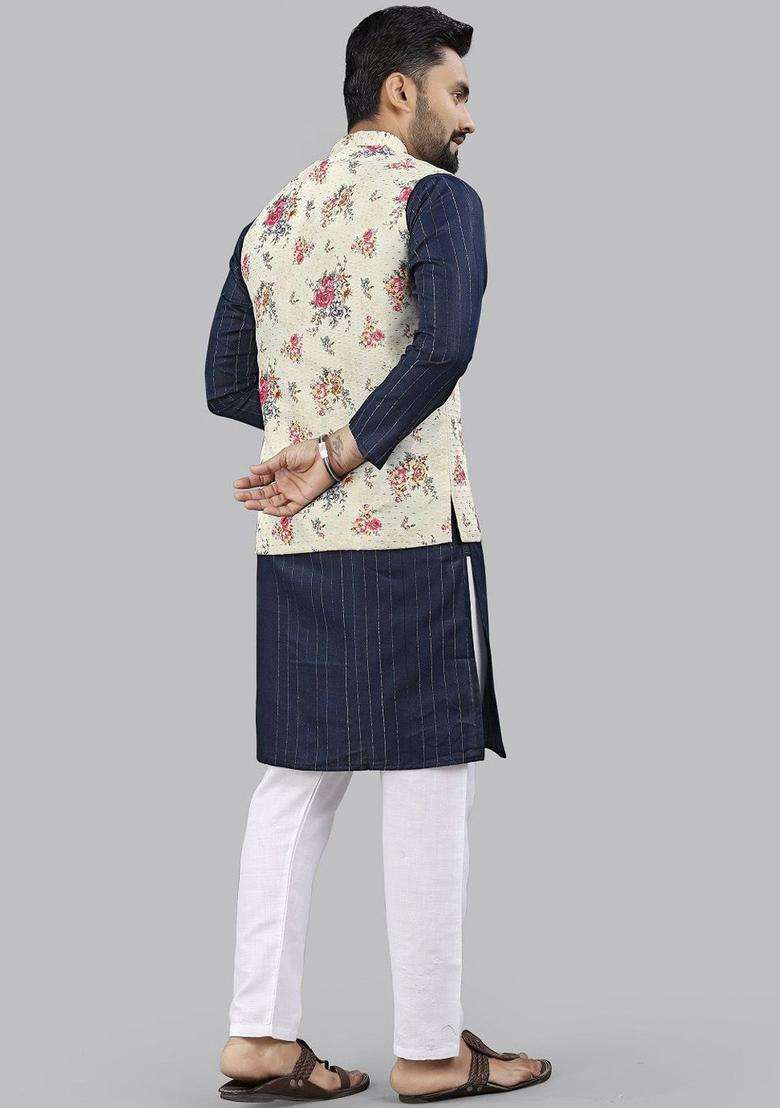 Navy Blue Striped Cotton Kurta Set For Men - Indya
