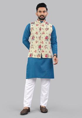 Blue Striped Cotton Kurta Set For Men