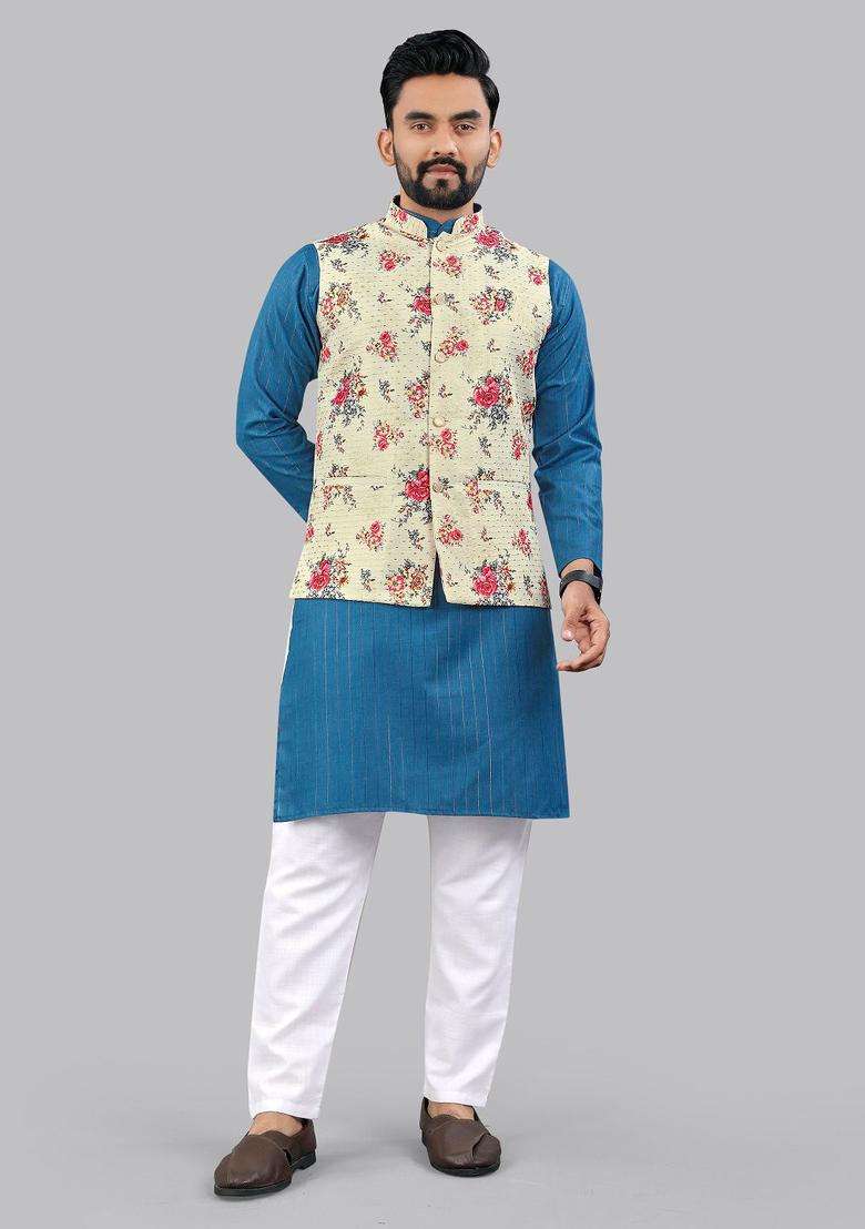 Blue Striped Cotton Kurta Set For Men - Indya