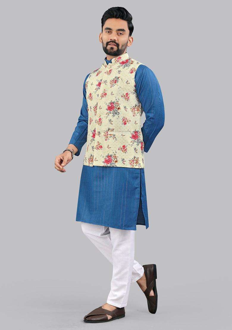 Blue Striped Cotton Kurta Set For Men - Indya