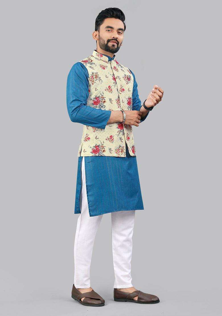Blue Striped Cotton Kurta Set For Men - Indya