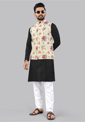 Black Printed Cotton Kurta Set For Men