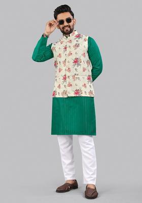 Green Striped Cotton Kurta Set For Men