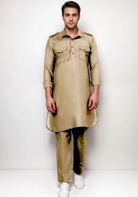 Beige Solid Cotton Kurta Set For Men