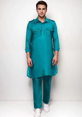 Turquoise Blue Solid Cotton Kurta Set For Men