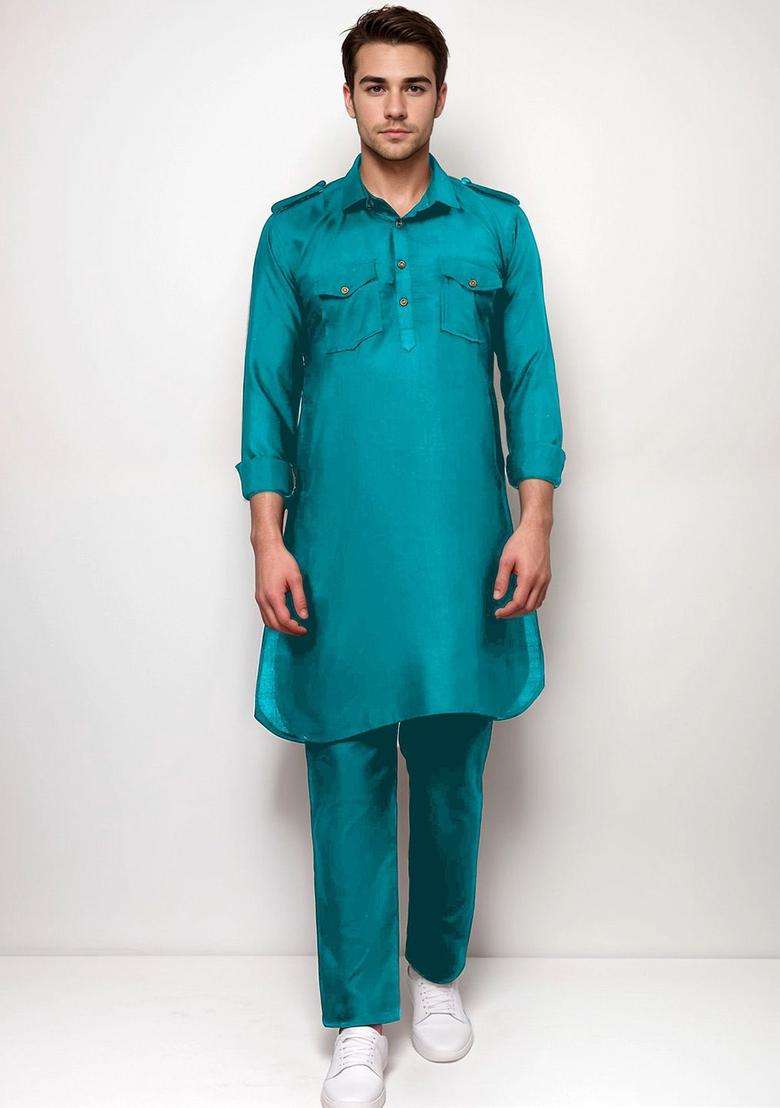 Turquoise Blue Solid Cotton Kurta Set For Men - Indya