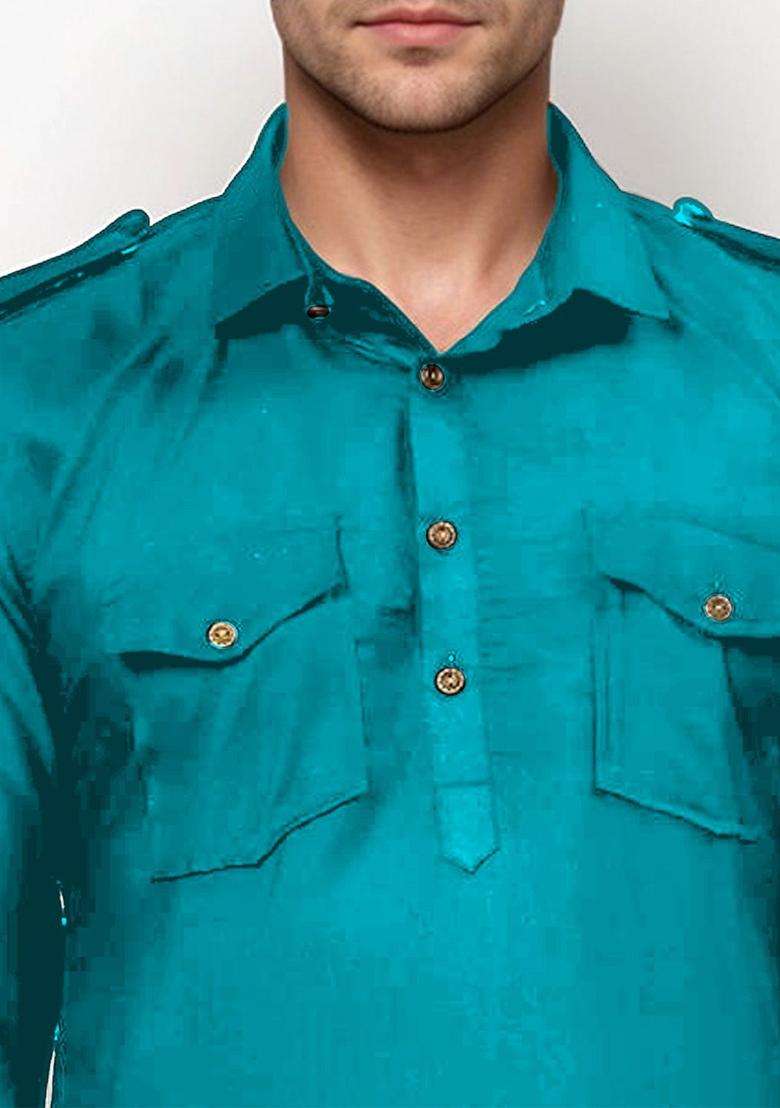Turquoise Blue Solid Cotton Kurta Set For Men - Indya