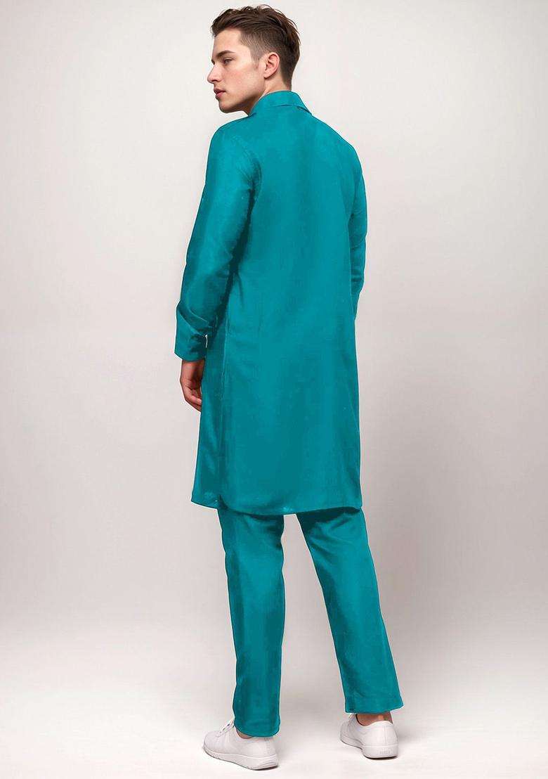 Turquoise Blue Solid Cotton Kurta Set For Men - Indya