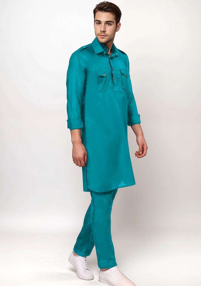 Turquoise Blue Solid Cotton Kurta Set For Men - Indya