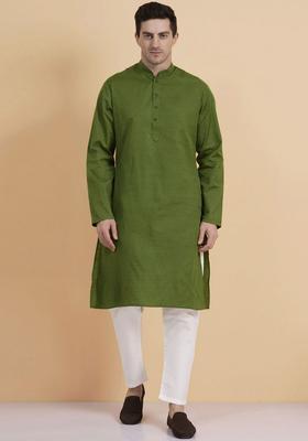 Green Woven Design Cotton Kurta Set For Men