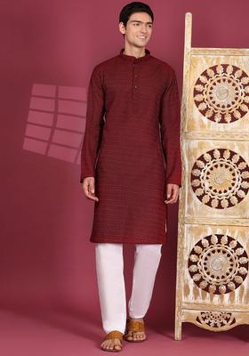 Maroon Embroidered Cotton Kurta Set For Men