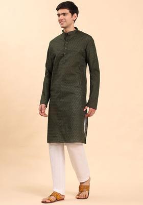 Green Embroidered Cotton Kurta Set For Men