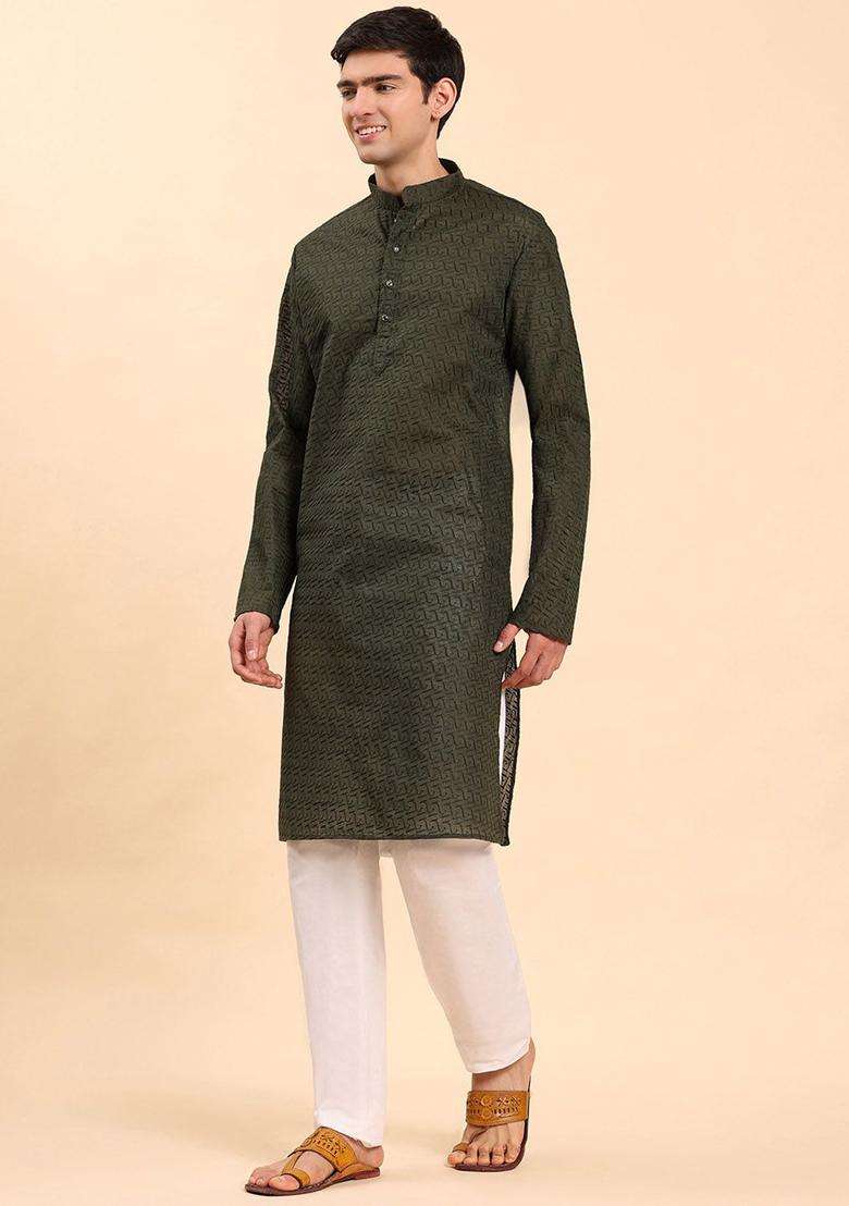 Green Embroidered Cotton Kurta Set For Men - Indya