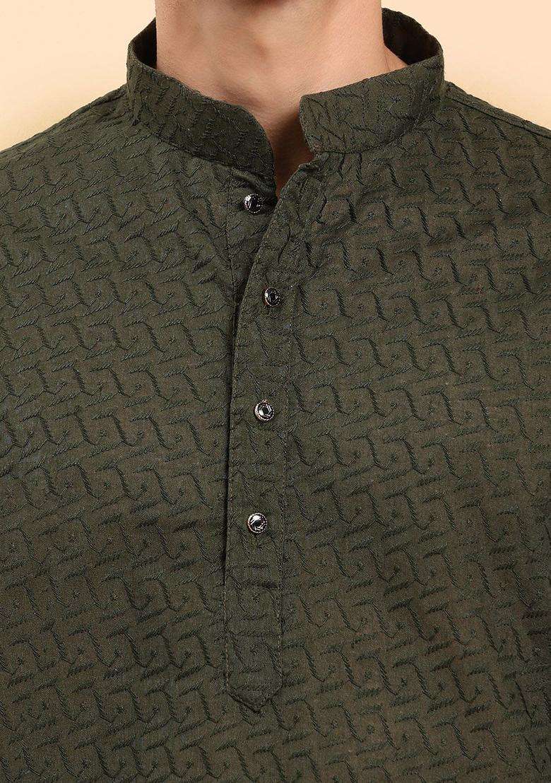 Green Embroidered Cotton Kurta Set For Men - Indya
