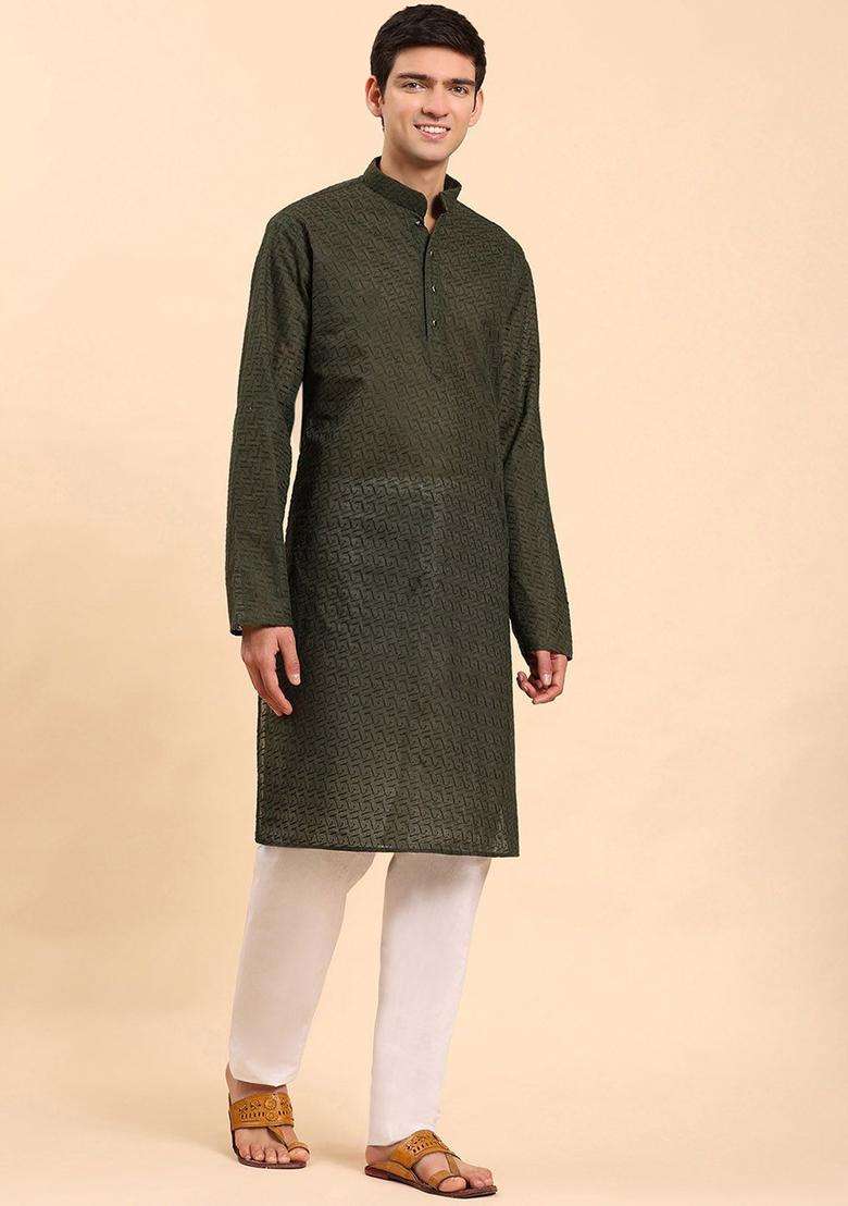 Green Embroidered Cotton Kurta Set For Men - Indya