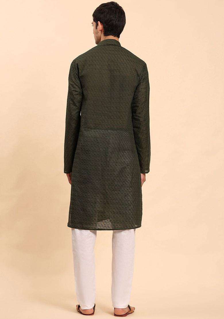 Green Embroidered Cotton Kurta Set For Men - Indya