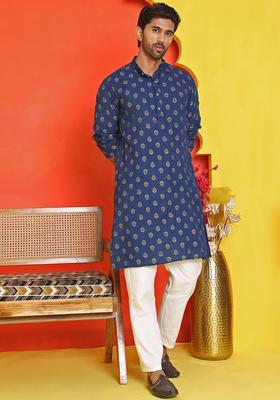 Navy Blue Printed Viscose Kurta Set For Men