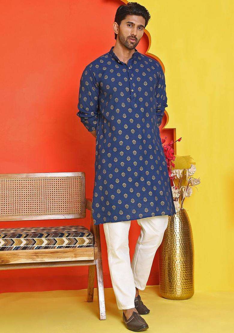 Navy Blue Printed Viscose Kurta Set For Men - Indya
