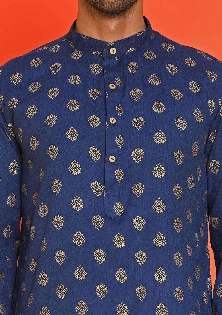 Navy Blue Printed Viscose Kurta Set For Men - Indya