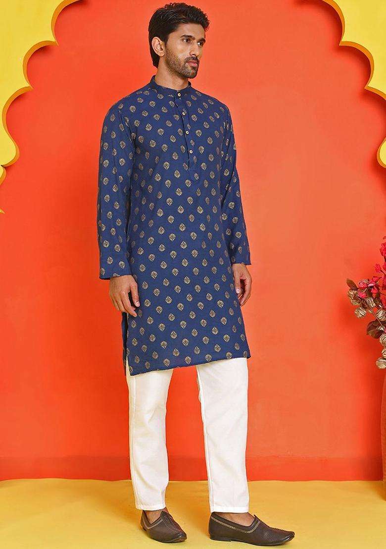 Navy Blue Printed Viscose Kurta Set For Men - Indya