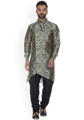 Green Printed Silk Kurta Set For Men