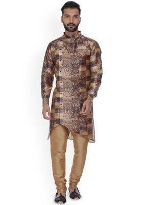 Brown Printed Silk Kurta Set For Men